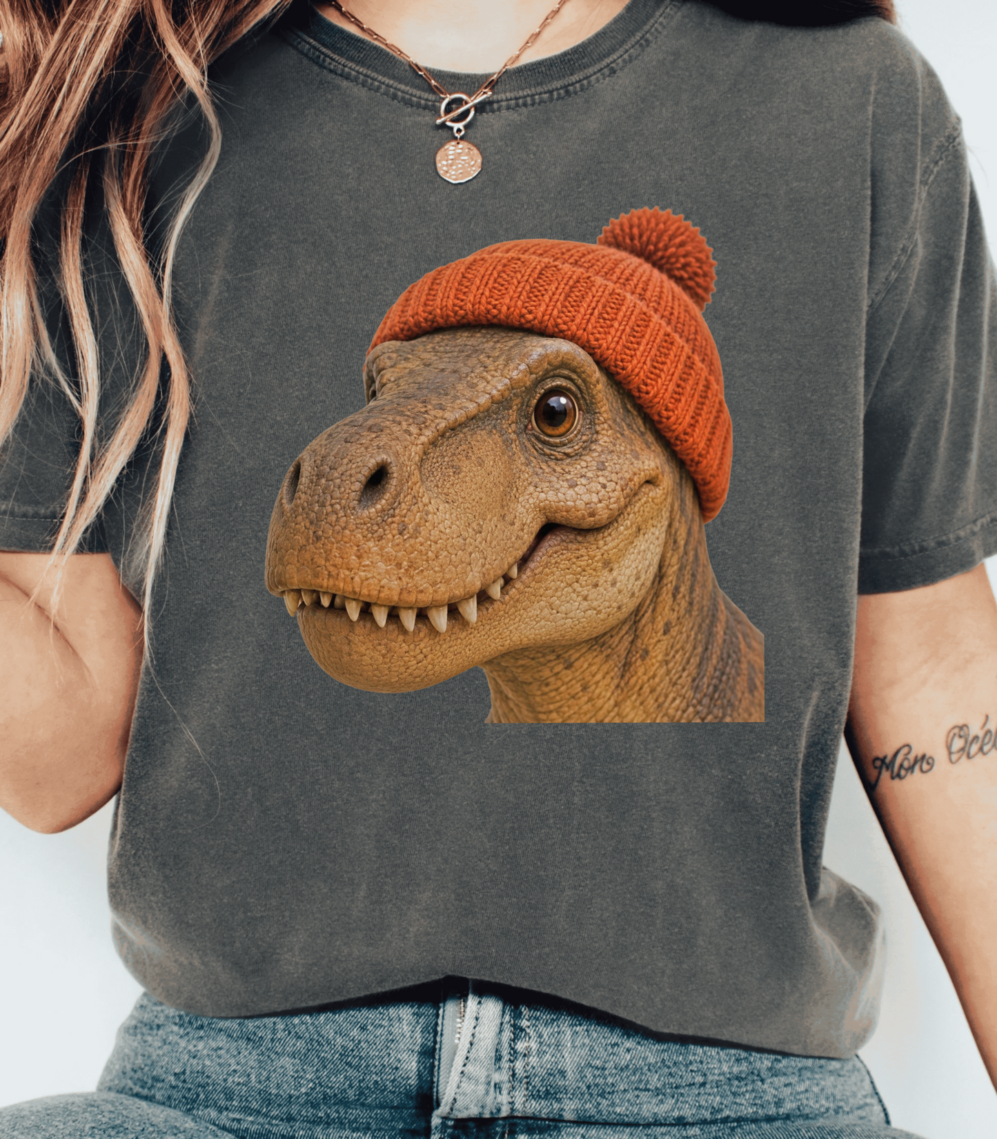 Dinosaur Graphic T-Shirt with Orange Beanie - Cute Gift