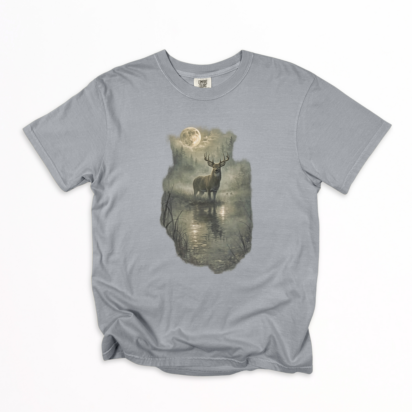 Rustic Deer T-Shirt, Antlered Deer Tee, Moonlit Nature Shirt, Wildlife Graphic Tee, Nature Lover Gift, Outdoorsy Apparel, Animal Lover Tee