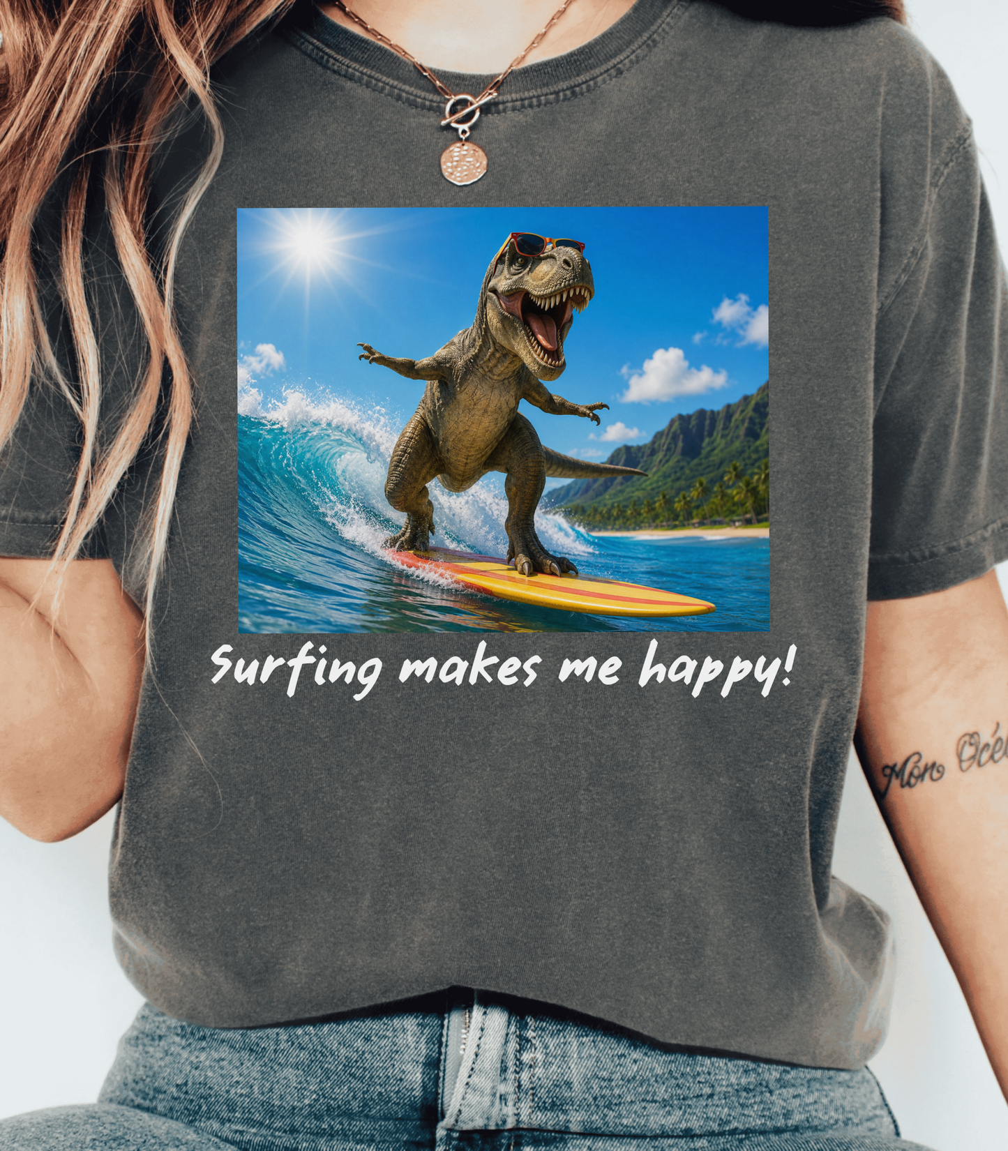 Surfing Dinosaur T-Shirt, Beach Lover Graphic Tee