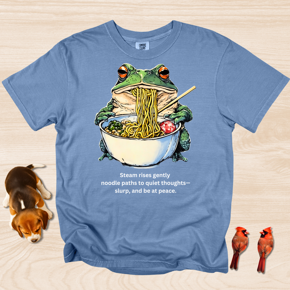 Frog eating Ramen Steam Rises Gently Haiku