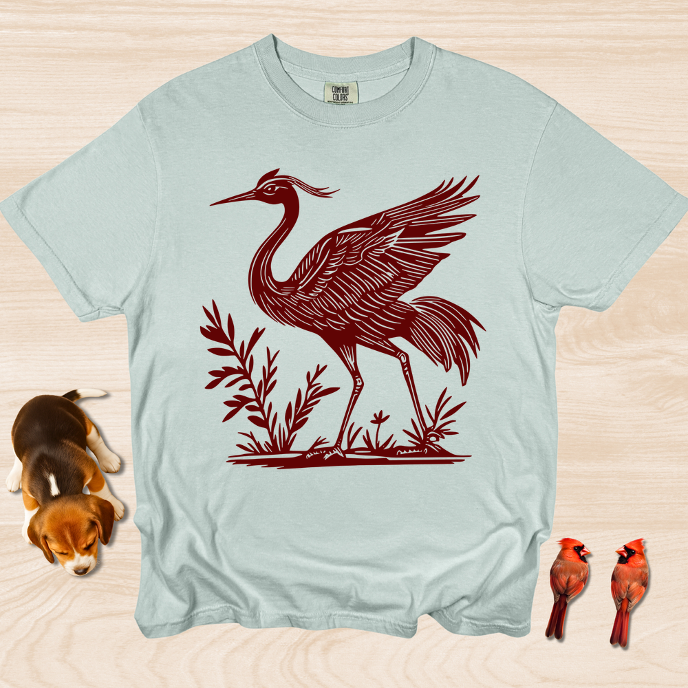 Crane Shirt, Artistic Linocut Style Wildlife