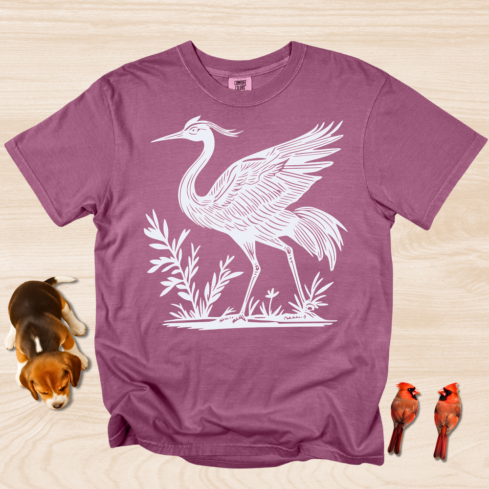 Crane Shirt, Artistic Linocut Style Wildlife