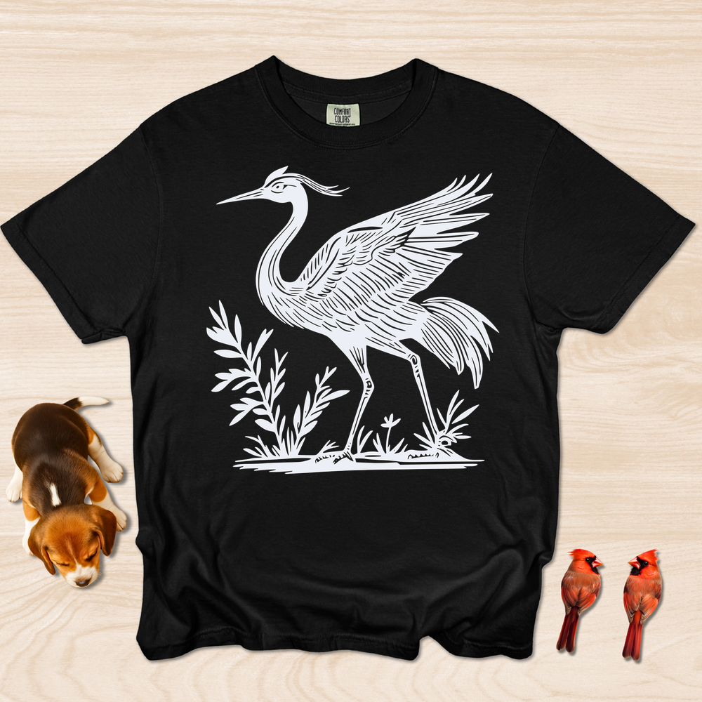 Crane Shirt, Artistic Linocut Style Wildlife