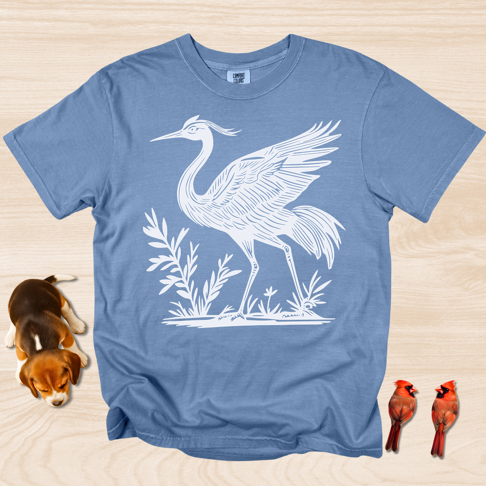 Crane Shirt, Artistic Linocut Style Wildlife