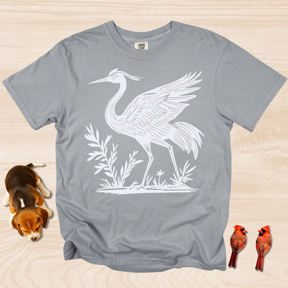 Crane Shirt, Artistic Linocut Style Wildlife
