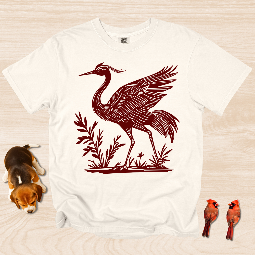 Crane Shirt, Artistic Linocut Style Wildlife