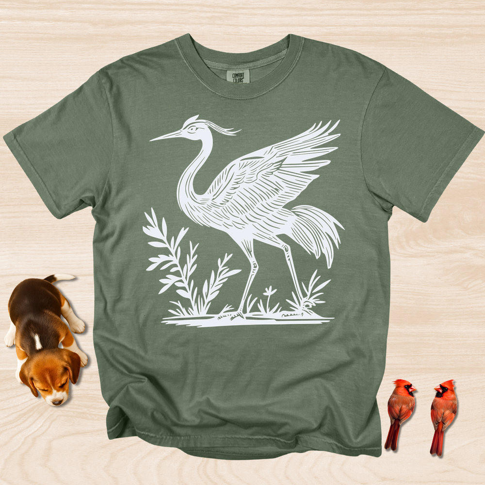 Crane Shirt, Artistic Linocut Style Wildlife