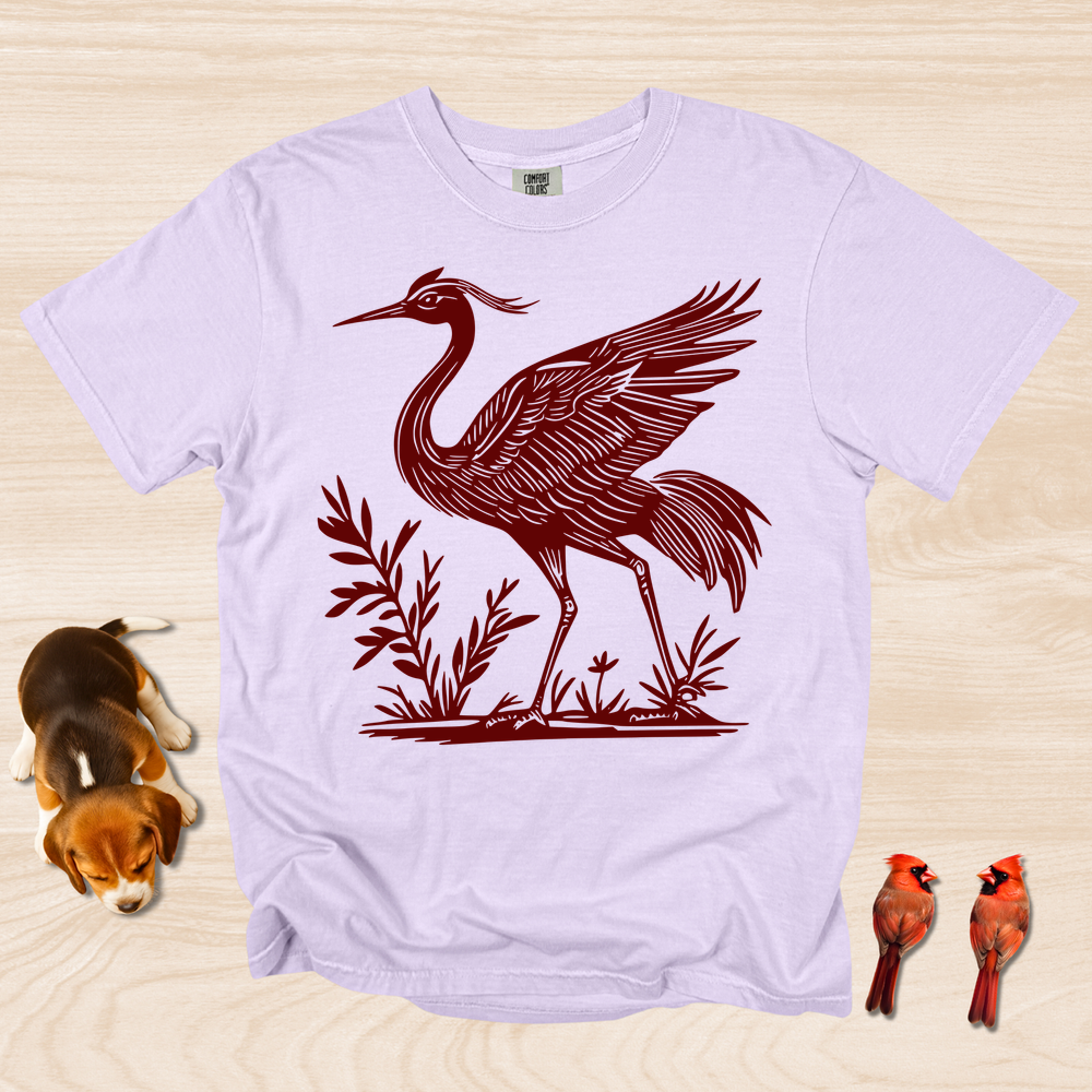 Crane Shirt, Artistic Linocut Style Wildlife