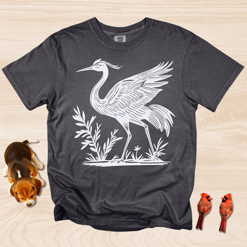Crane Shirt, Artistic Linocut Style Wildlife