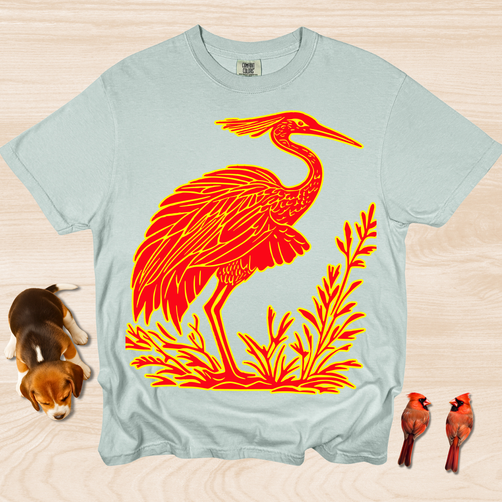 Crane Shirt, Artistic Linocut Style