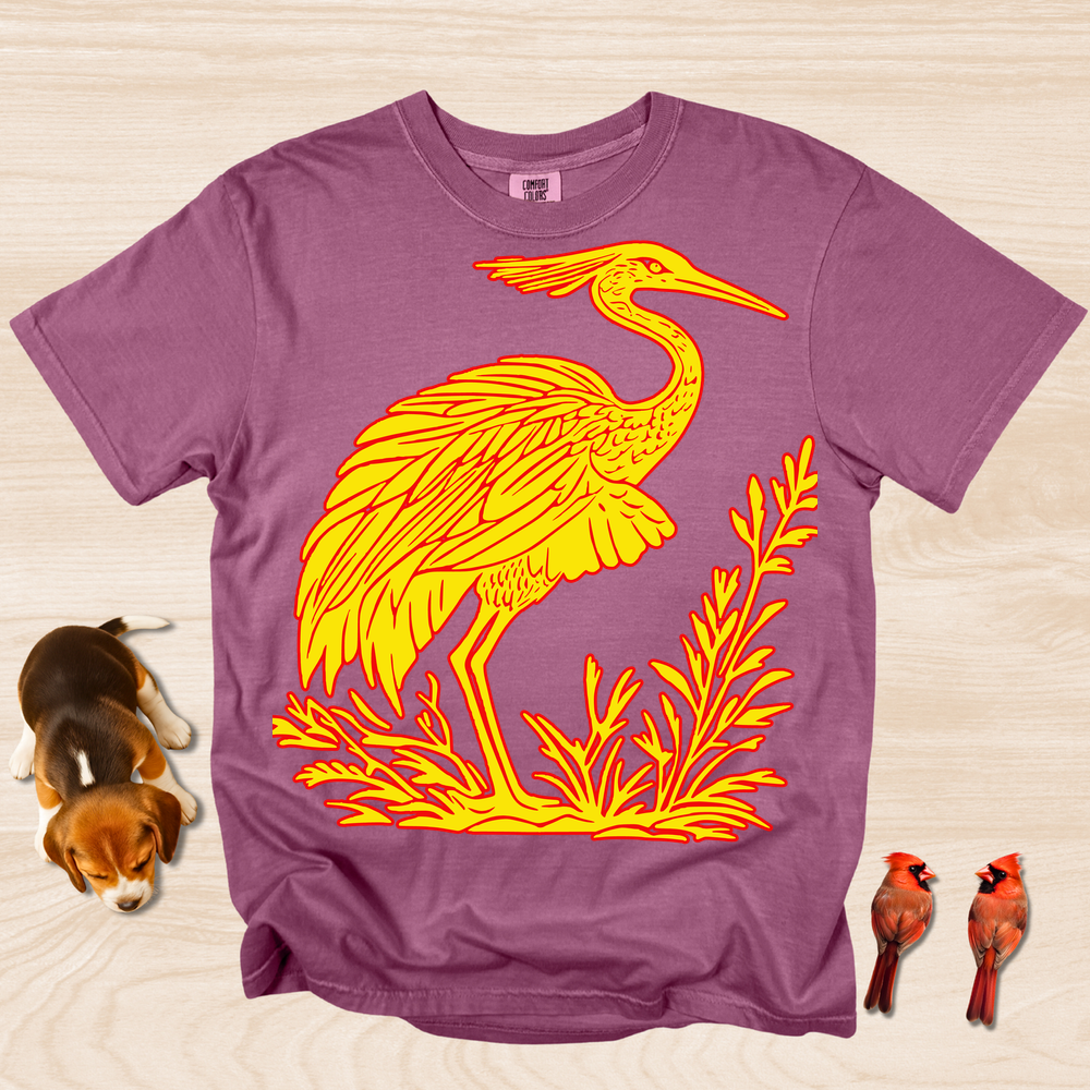 Crane Shirt, Artistic Linocut Style