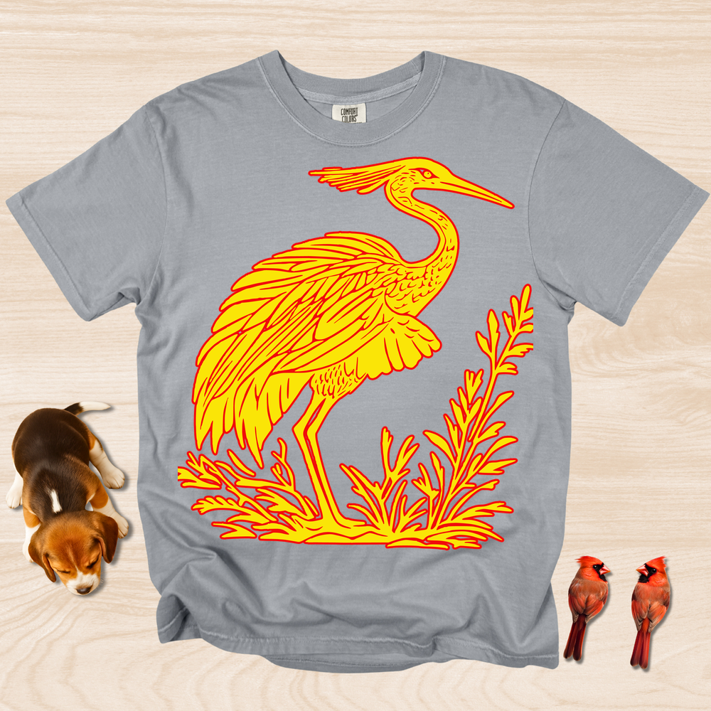 Crane Shirt, Artistic Linocut Style