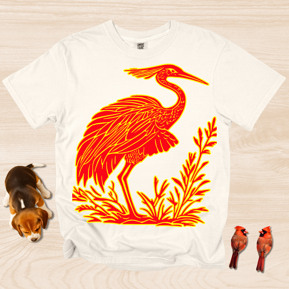 Crane Shirt, Artistic Linocut Style