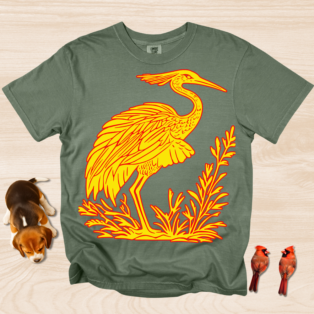 Crane Shirt, Artistic Linocut Style