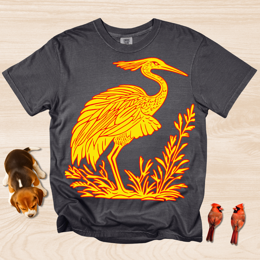 Crane Shirt, Artistic Linocut Style