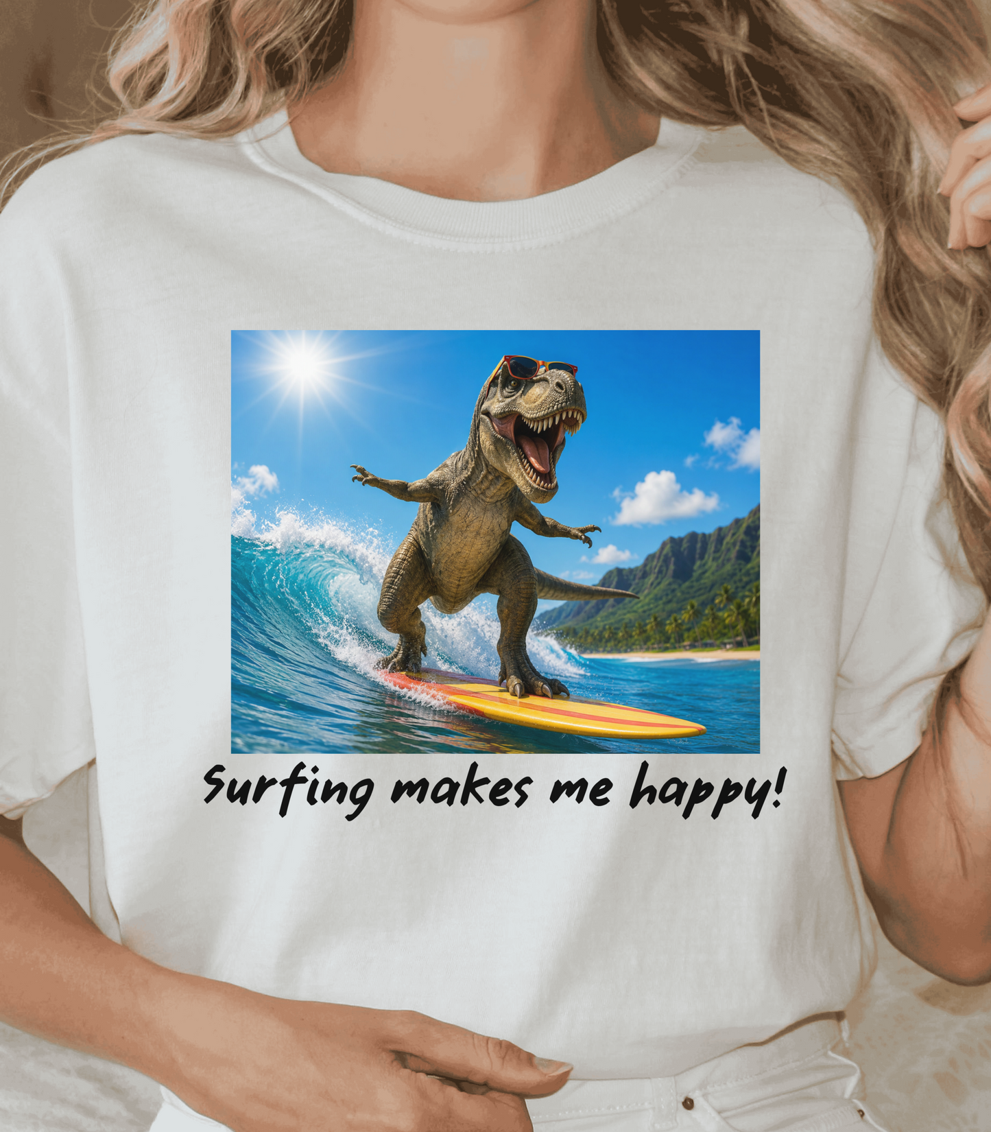 Surfing Dinosaur T-Shirt, Beach Lover Graphic Tee