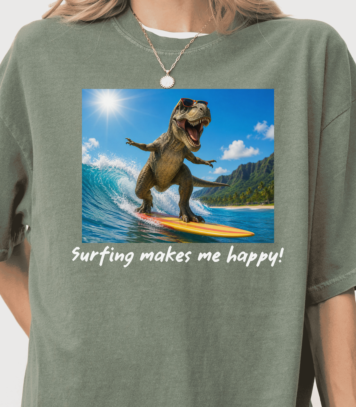 Surfing Dinosaur T-Shirt, Beach Lover Graphic Tee