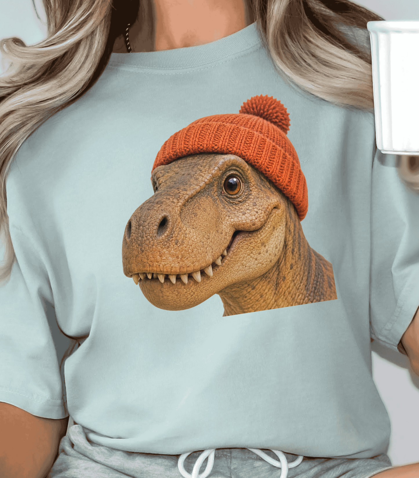 Dinosaur Graphic T-Shirt with Orange Beanie - Cute Gift
