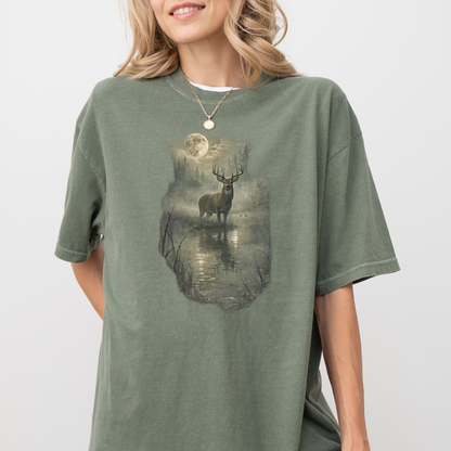 Rustic Deer T-Shirt, Antlered Deer Tee, Moonlit Nature Shirt, Wildlife Graphic Tee, Nature Lover Gift, Outdoorsy Apparel, Animal Lover Tee