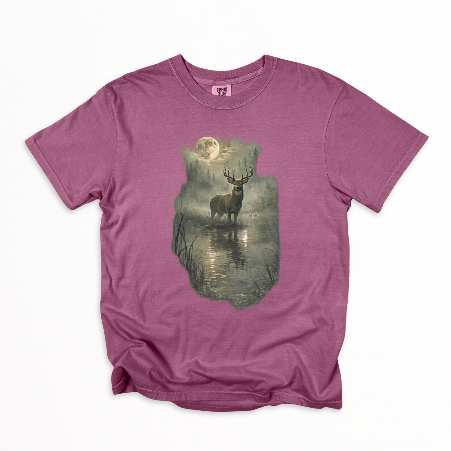 Rustic Deer T-Shirt, Antlered Deer Tee, Moonlit Nature Shirt, Wildlife Graphic Tee, Nature Lover Gift, Outdoorsy Apparel, Animal Lover Tee