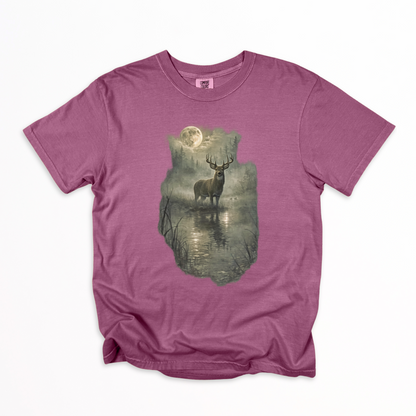 Rustic Deer T-Shirt, Antlered Deer Tee, Moonlit Nature Shirt, Wildlife Graphic Tee, Nature Lover Gift, Outdoorsy Apparel, Animal Lover Tee