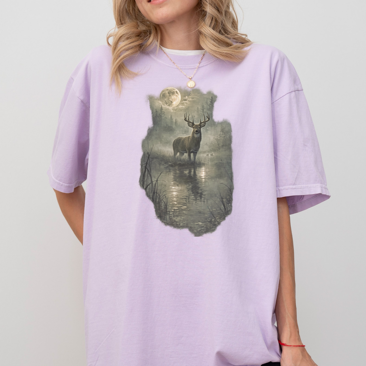Rustic Deer T-Shirt, Antlered Deer Tee, Moonlit Nature Shirt, Wildlife Graphic Tee, Nature Lover Gift, Outdoorsy Apparel, Animal Lover Tee