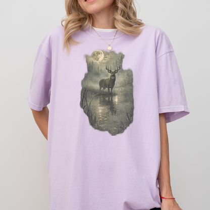 Rustic Deer T-Shirt, Antlered Deer Tee, Moonlit Nature Shirt, Wildlife Graphic Tee, Nature Lover Gift, Outdoorsy Apparel, Animal Lover Tee