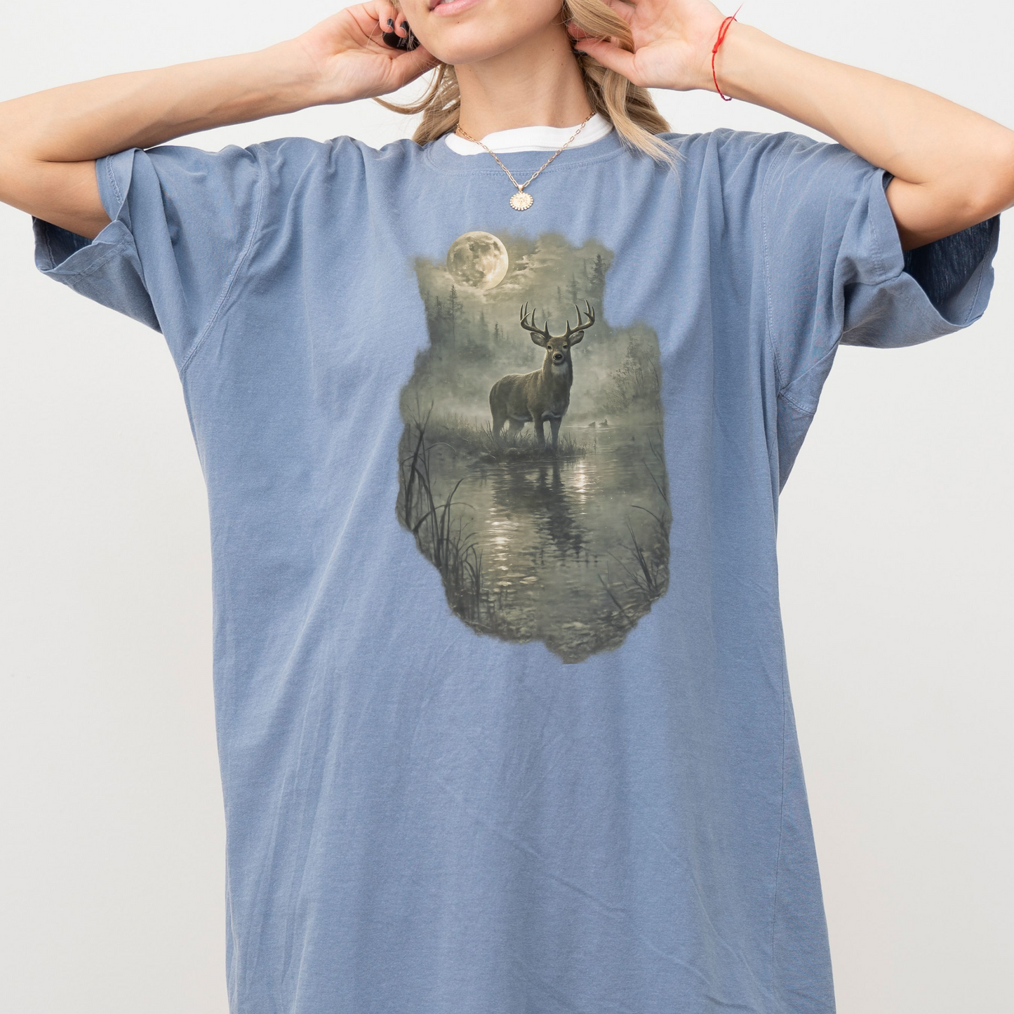 Rustic Deer T-Shirt, Antlered Deer Tee, Moonlit Nature Shirt, Wildlife Graphic Tee, Nature Lover Gift, Outdoorsy Apparel, Animal Lover Tee
