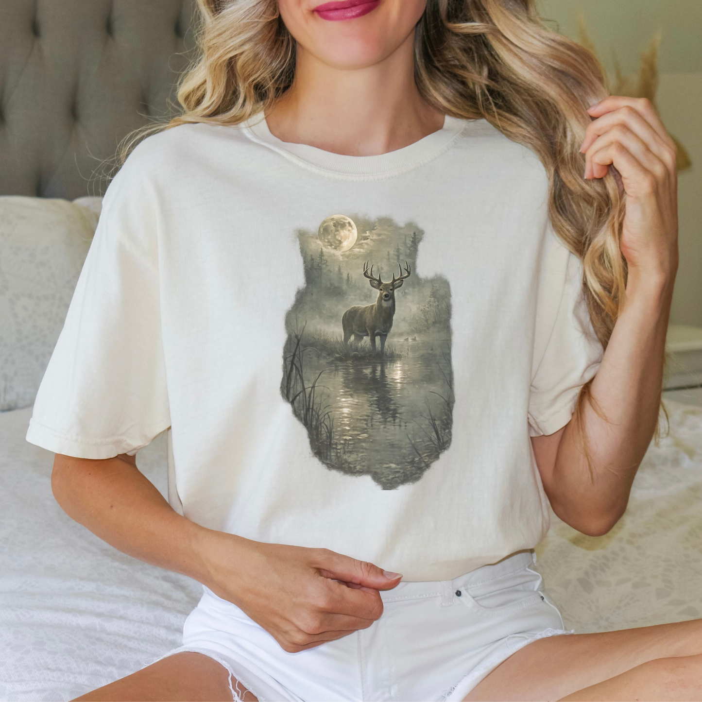 Rustic Deer T-Shirt, Antlered Deer Tee, Moonlit Nature Shirt, Wildlife Graphic Tee, Nature Lover Gift, Outdoorsy Apparel, Animal Lover Tee