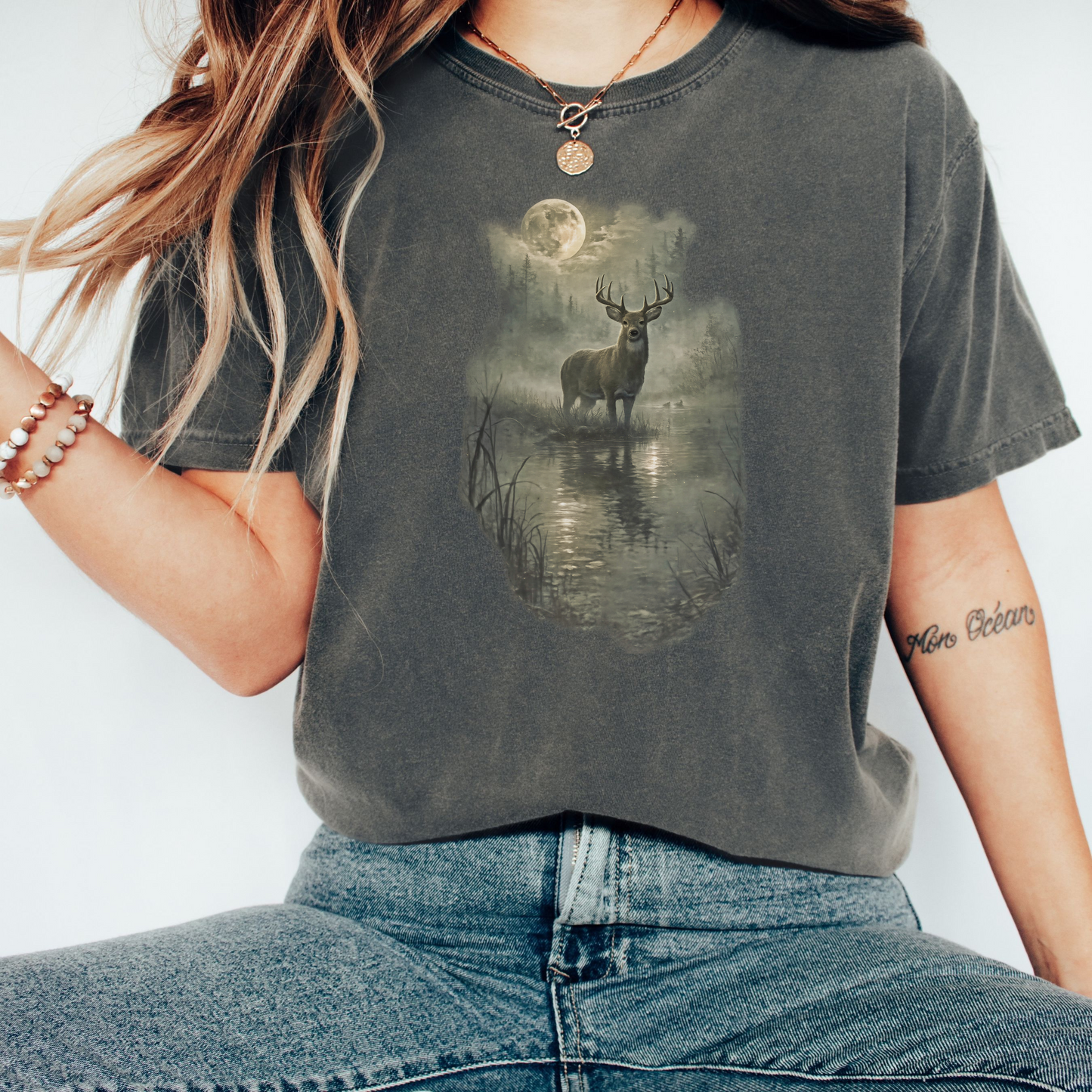 Rustic Deer T-Shirt, Antlered Deer Tee, Moonlit Nature Shirt, Wildlife Graphic Tee, Nature Lover Gift, Outdoorsy Apparel, Animal Lover Tee