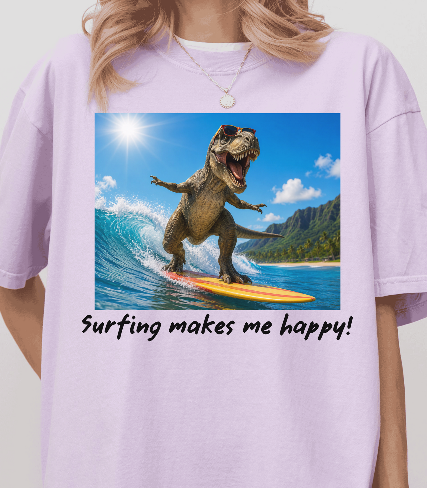 Surfing Dinosaur T-Shirt, Beach Lover Graphic Tee