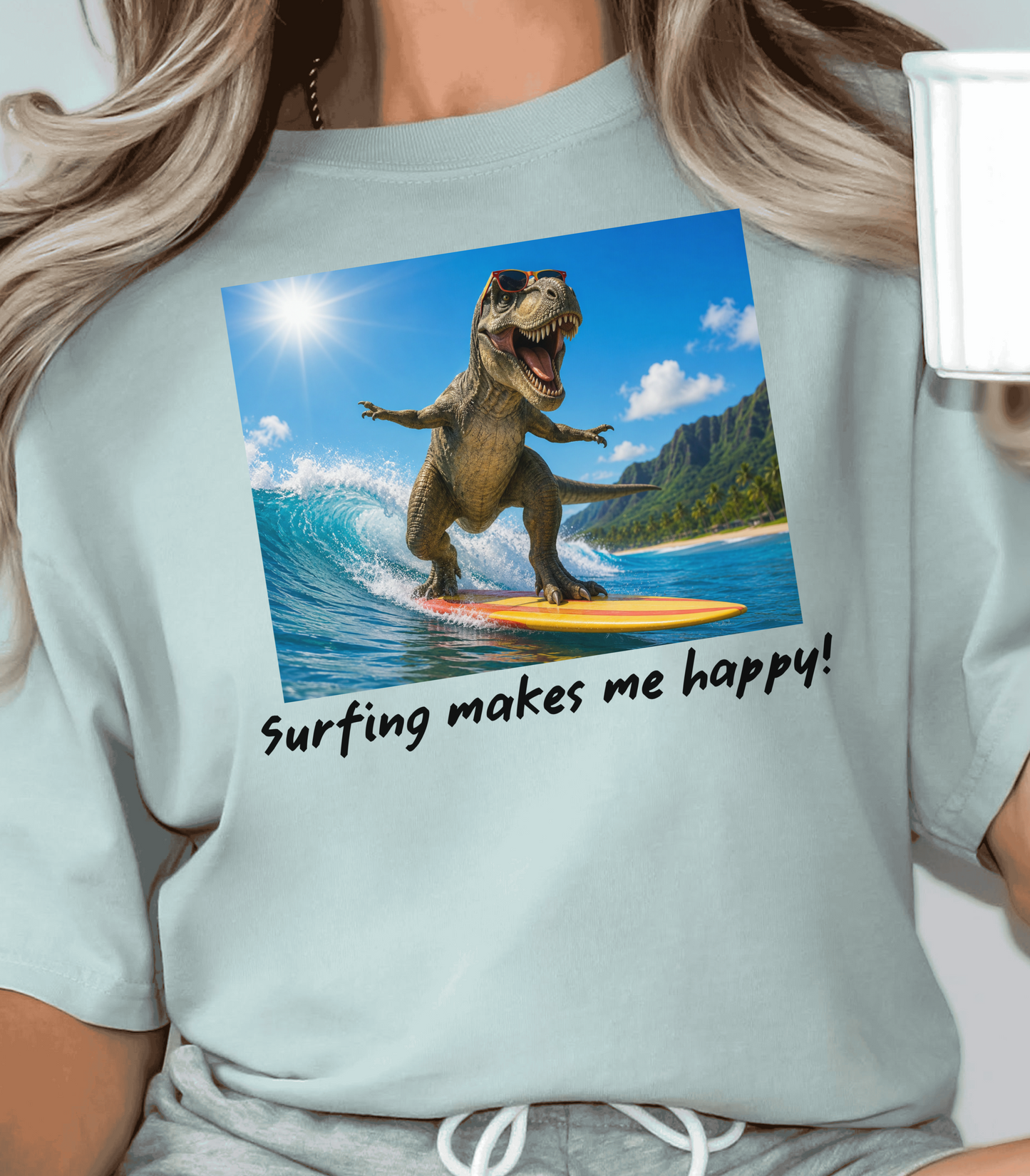 Surfing Dinosaur T-Shirt, Beach Lover Graphic Tee