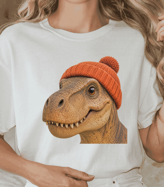 Dinosaur Graphic T-Shirt with Orange Beanie - Cute Gift