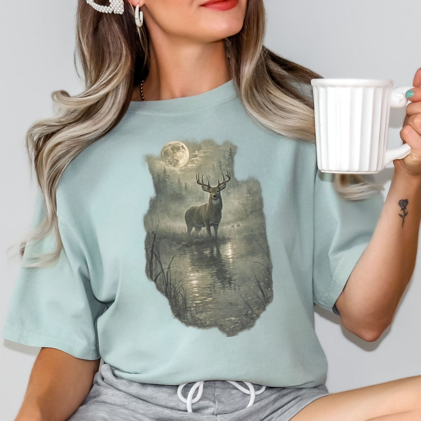 Rustic Deer T-Shirt, Antlered Deer Tee, Moonlit Nature Shirt, Wildlife Graphic Tee, Nature Lover Gift, Outdoorsy Apparel, Animal Lover Tee