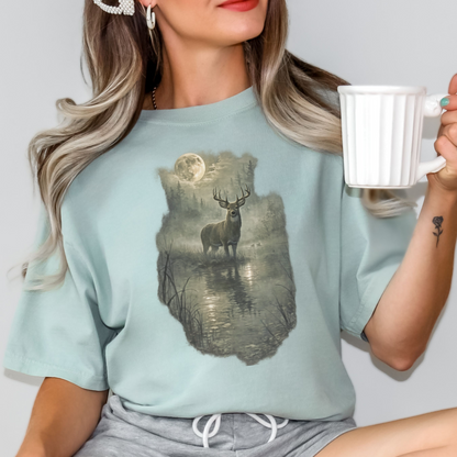 Rustic Deer T-Shirt, Antlered Deer Tee, Moonlit Nature Shirt, Wildlife Graphic Tee, Nature Lover Gift, Outdoorsy Apparel, Animal Lover Tee