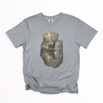 Rustic Deer T-Shirt, Antlered Deer Tee, Moonlit Nature Shirt, Wildlife Graphic Tee, Nature Lover Gift, Outdoorsy Apparel, Animal Lover Tee