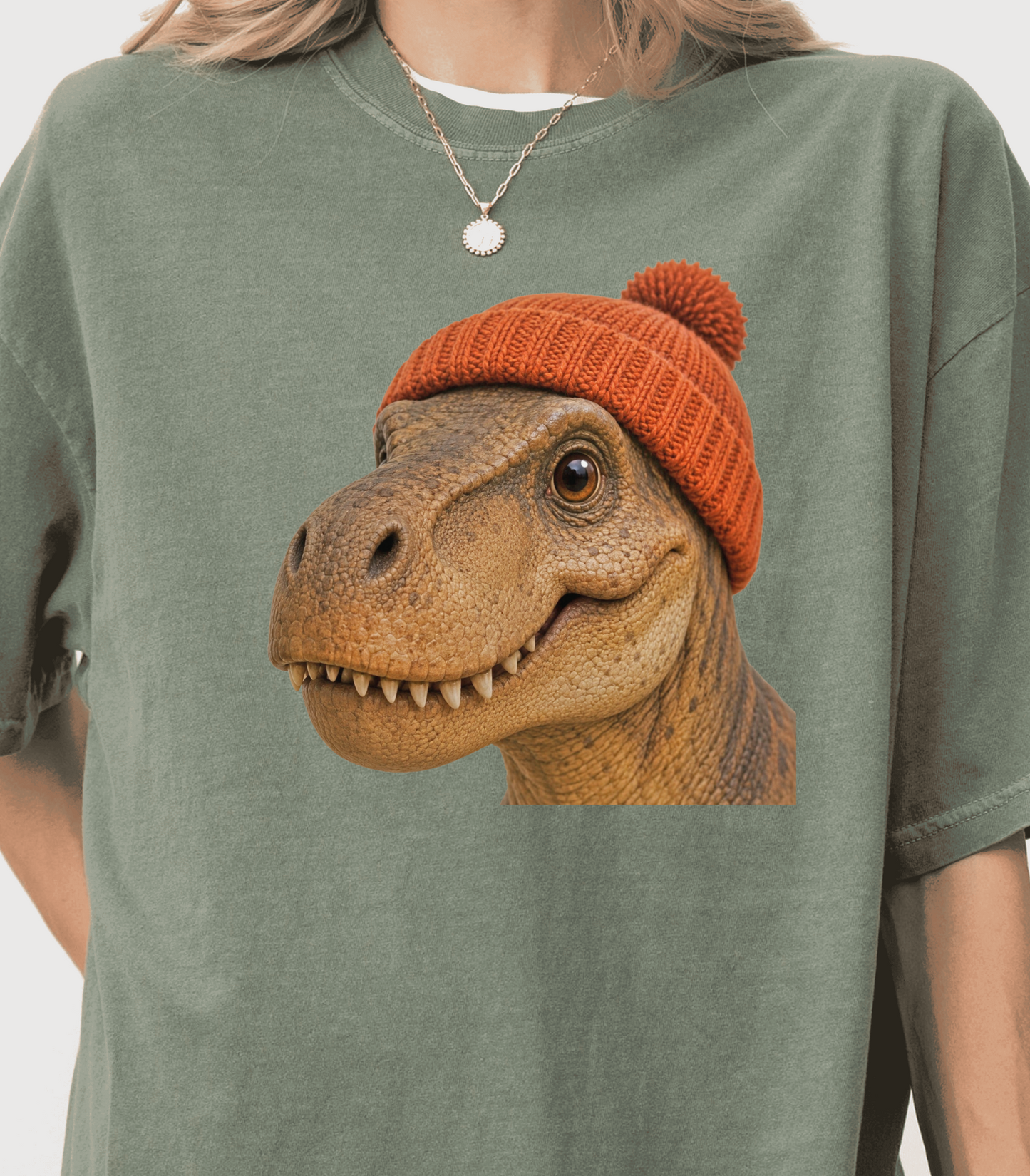 Dinosaur Graphic T-Shirt with Orange Beanie - Cute Gift