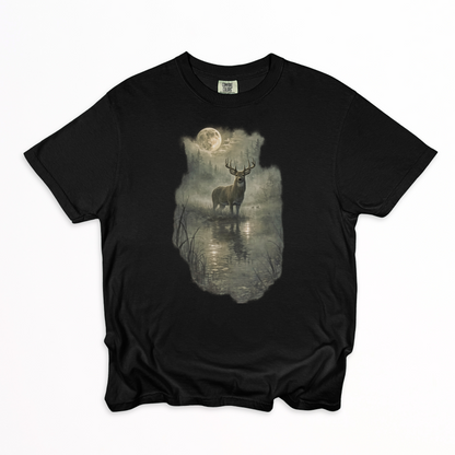 Rustic Deer T-Shirt, Antlered Deer Tee, Moonlit Nature Shirt, Wildlife Graphic Tee, Nature Lover Gift, Outdoorsy Apparel, Animal Lover Tee