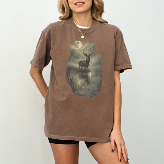 Rustic Deer T-Shirt, Antlered Deer Tee, Moonlit Nature Shirt, Wildlife Graphic Tee, Nature Lover Gift, Outdoorsy Apparel, Animal Lover Tee