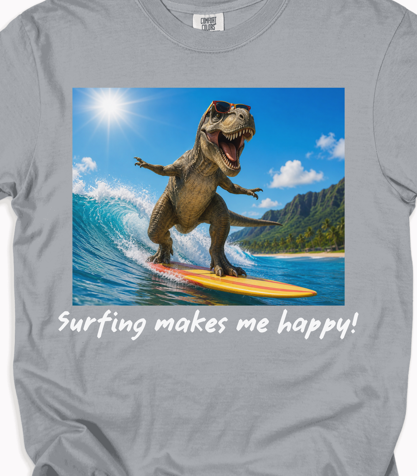 Surfing Dinosaur T-Shirt, Beach Lover Graphic Tee
