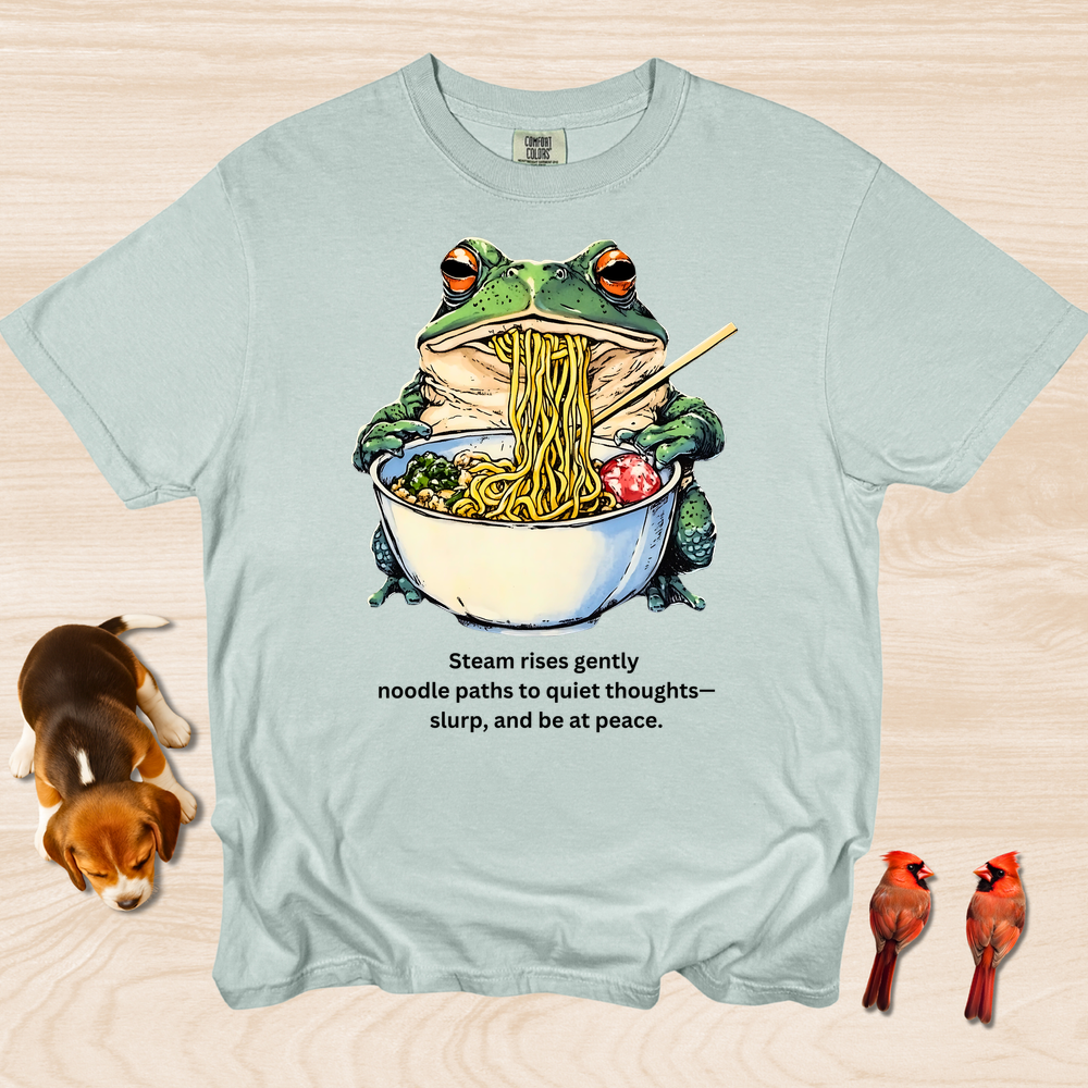 Frog eating Ramen Steam Rises Gently Haiku