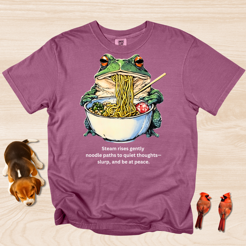 Frog eating Ramen Steam Rises Gently Haiku