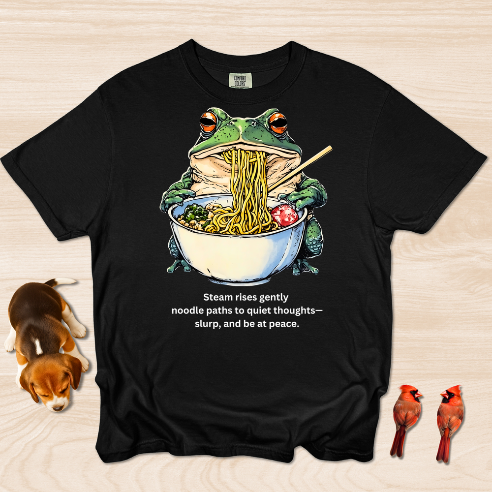 Frog eating Ramen Steam Rises Gently Haiku