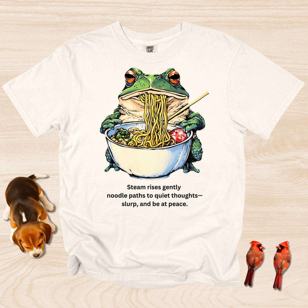 Frog eating Ramen Steam Rises Gently Haiku