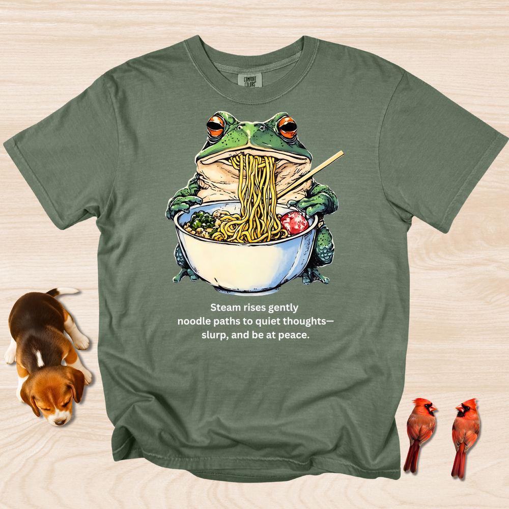 Frog eating Ramen Steam Rises Gently Haiku