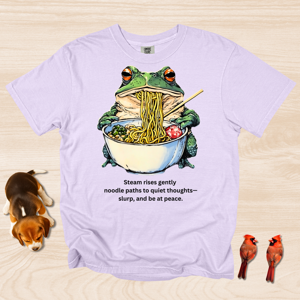 Frog eating Ramen Steam Rises Gently Haiku
