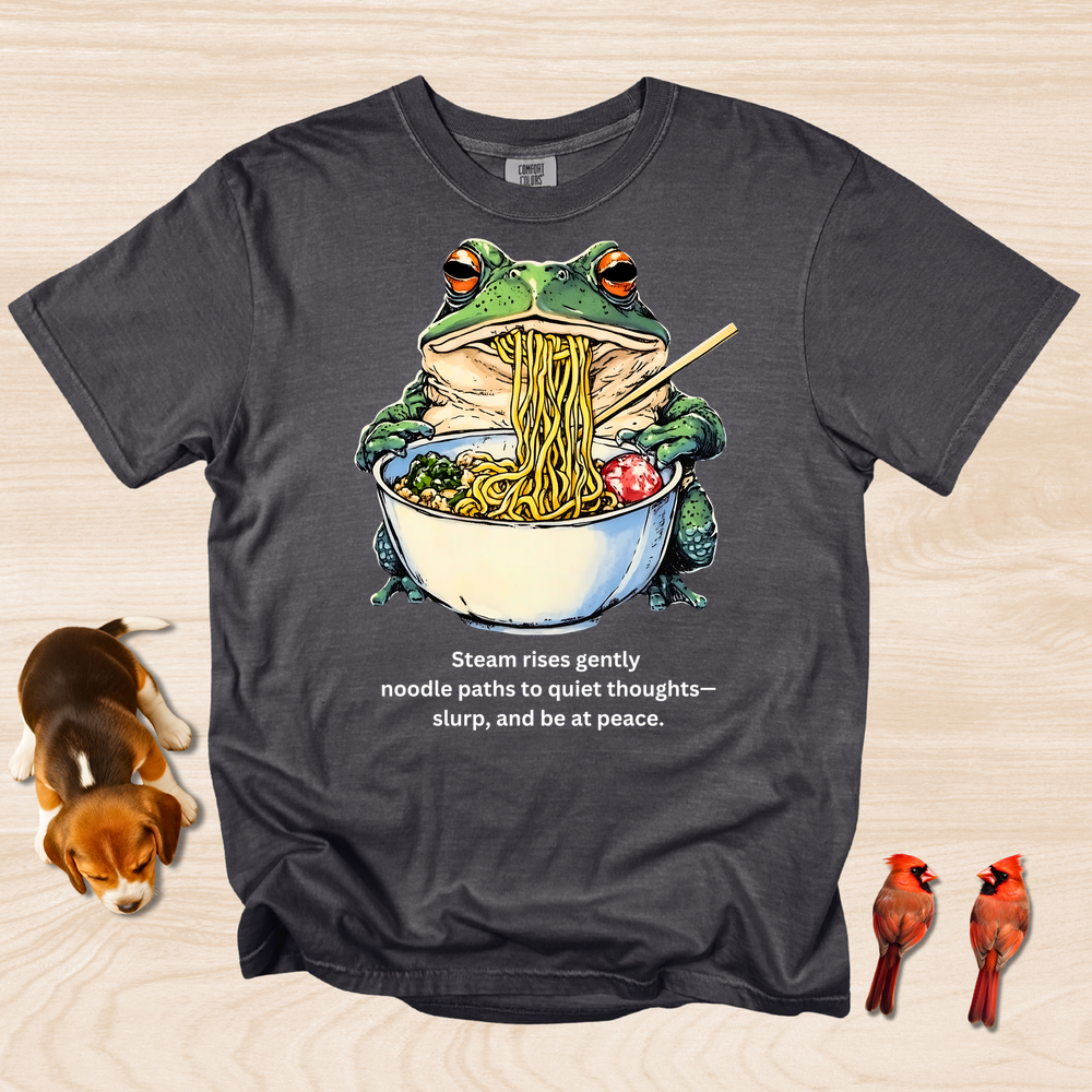 Frog eating Ramen Steam Rises Gently Haiku