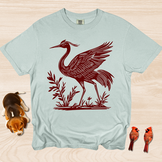Crane Shirt, Artistic Linocut Style Wildlife